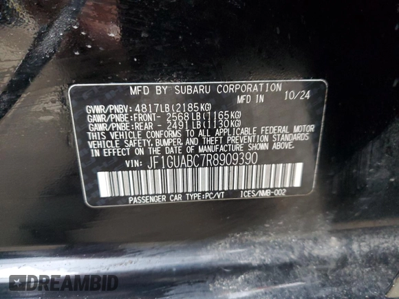 2024 Subaru Impreza with VIN JF1GUABC7R8909390, listed as a Copart auction lot 49605675 with 401 mi miles and Salvage Title. Bid and sale history available at carsss.com. Image 13.