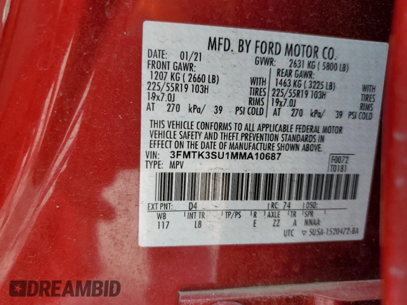 2021 Ford Mustang Mach-E Premium с VIN 3FMTK3SU1MMA10687, выставлен на аукционе Copart как лот 56431015 с пробегом Не указан миль и Списание • Salvage title. История ставок и продаж доступна на DreamBid. Изображение 13.