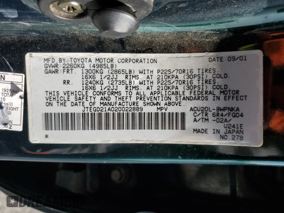 2002 Toyota Highlander with VIN JTEGD21A020022889, listed as a Copart auction lot 61271405 with 197,300 mi miles and Clean title. Bid and sale history available at DreamBid. Image 13.