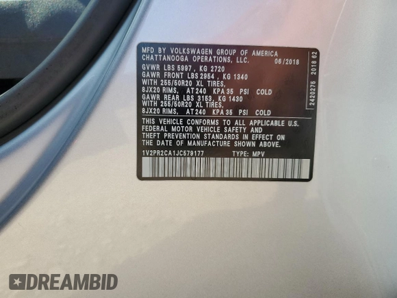 2018 Volkswagen Atlas SE с VIN 1V2PR2CA1JC579177, выставлен на аукционе Copart как лот 63792005 с пробегом 110 297 миль миль и Списание • Salvage title. История ставок и продаж доступна на DreamBid. Изображение 13.