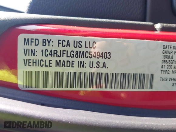 2021 Jeep Grand Cherokee Trailhawk with VIN 1C4RJFLG8MC549403, listed as a IAAI auction lot 42538177 with 33,124 mi miles and . Bid and sale history available at DreamBid. Image 9.