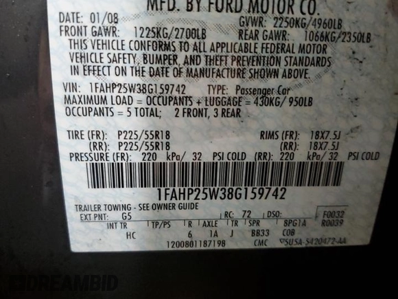 2008 Ford Taurus Limited with VIN 1FAHP25W38G159742, listed as a Copart auction lot 84382114 with 167,233 mi miles and Salvage Title. Bid and sale history available at carsss.com. Image 12.