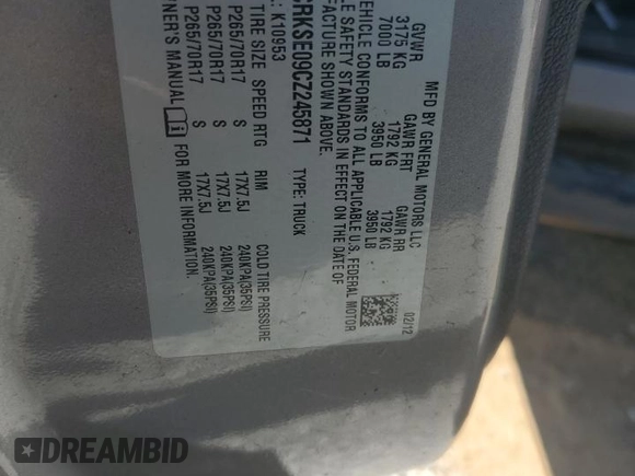 2012 Chevrolet Silverado 1500 LT with VIN 1GCRKSE09CZ245871, listed as a Copart auction lot 75158794 with 183,754 mi miles and Salvage Title. Bid and sale history available at DreamBid. Image 12.
