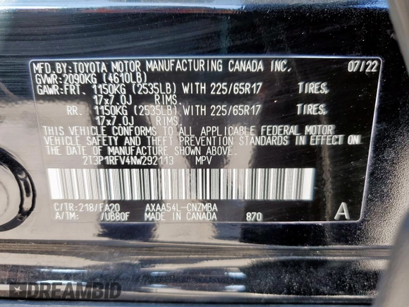 2022 Toyota RAV4 XLE with VIN 2T3P1RFV4NW292113, listed as a Copart auction lot 58870175 with 56,921 mi miles and Salvage title. Bid and sale history available at DreamBid. Image 14.