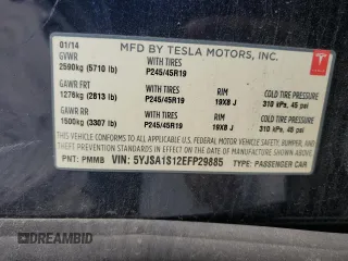 2014 Tesla Model S 60 with VIN 5YJSA1S12EFP29885, listed as a Copart auction lot 59769215 with Not provided miles and Salvage title. Bid and sale history available at DreamBid. Image 12.