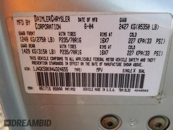 2004 Jeep Liberty Limited with VIN 1J4GK58K04W324655, listed as a Copart auction lot 84969204 with 151,994 mi miles and Salvage title. Bid and sale history available at DreamBid. Image 12.