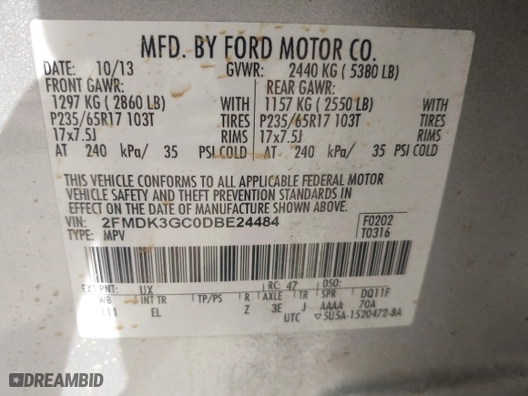 2013 Ford Edge SE with VIN 2FMDK3GC0DBE24484, listed as a IAAI auction lot 41960813 with 227,044 mi miles. Bid and sale history available at carsss.com. Image 9.