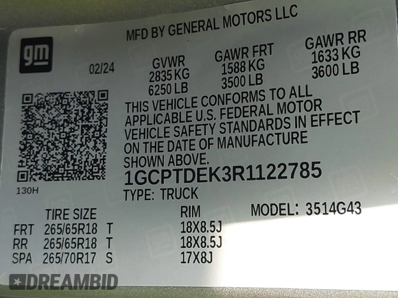 2024 Chevrolet Colorado 4WD Z71 with VIN 1GCPTDEK3R1122785, listed as a IAAI auction lot 41836221 with 3,313 mi miles and . Bid and sale history available at DreamBid. Image 9.