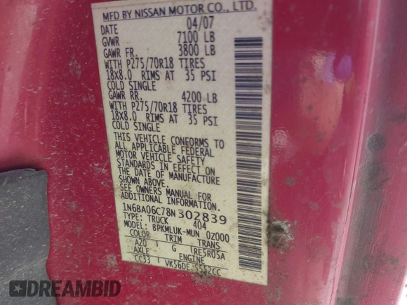 2008 Nissan Titan XE with VIN 1N6BA06C78N302839, listed as a IAAI auction lot 41668311 with 202,182 mi miles and . Bid and sale history available at DreamBid. Image 9.