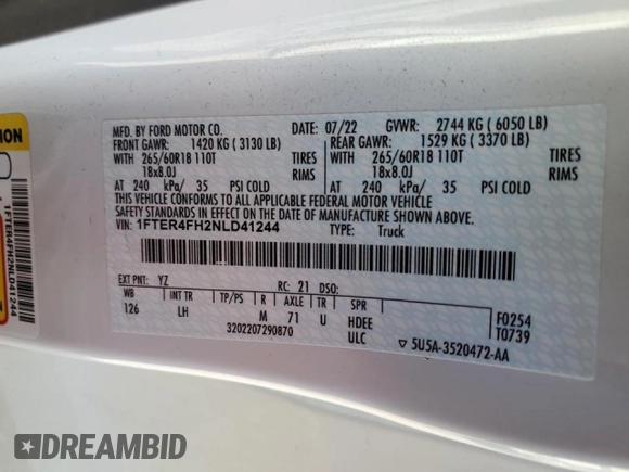 2022 Ford Ranger XL with VIN 1FTER4FH2NLD41244, listed as a Copart auction lot 46752145 with 103,424 mi miles and Salvage title. Bid and sale history available at DreamBid. Image 12.