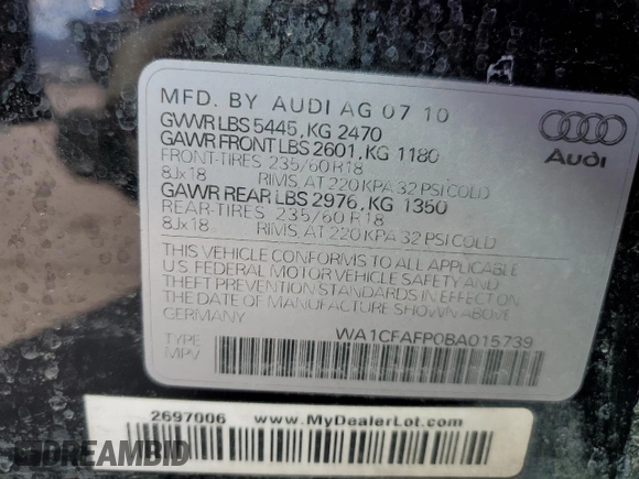 2011 Audi Q5 Premium with VIN WA1CFAFP0BA015739, listed as a Copart auction lot 53815575 with 134,031 mi miles and Salvage title. Bid and sale history available at DreamBid. Image 13.