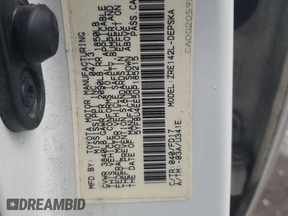 2013 Toyota Corolla L with VIN 5YFBU4EE5DP185215, listed as a Copart auction lot 56371255 with 162,230 mi miles and Clean Title. Bid and sale history available at DreamBid. Image 12.