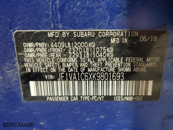 2019 Subaru WRX Premium with VIN JF1VA1C6XK9801693, listed as a Copart auction lot 52197265 with 125,229 mi miles and Salvage Title. Bid and sale history available at carsss.com. Image 13.