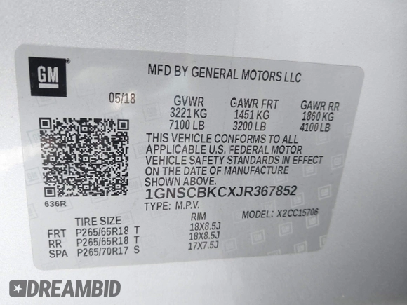 2018 Chevrolet Tahoe LT with VIN 1GNSCBKCXJR367852, listed as a IAAI auction lot 41549304 with 151,684 mi miles and . Bid and sale history available at DreamBid. Image 9.