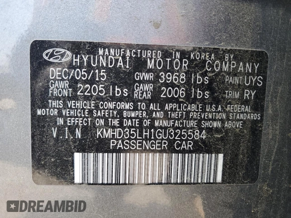 2016 Hyundai Elantra with VIN KMHD35LH1GU325584, listed as a Copart auction lot 55480185 with 180,173 mi miles and Salvage Title. Bid and sale history available at DreamBid. Image 12.