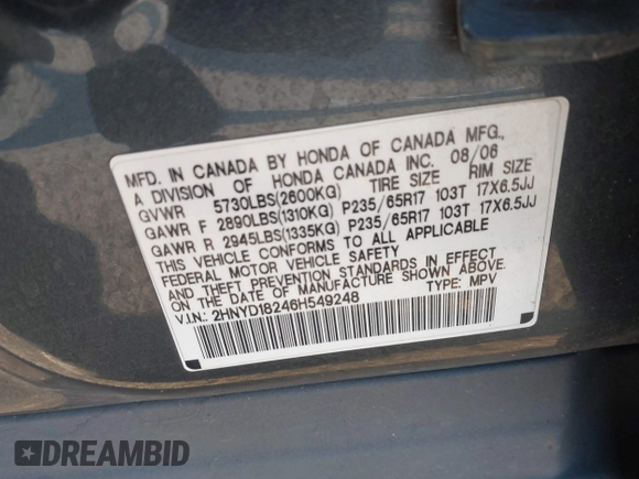 2006 Acura MDX with VIN 2HNYD18246H549248, listed as a IAAI auction lot 41361032 with 176,399 mi miles. Bid and sale history available at carsss.com. Image 9.
