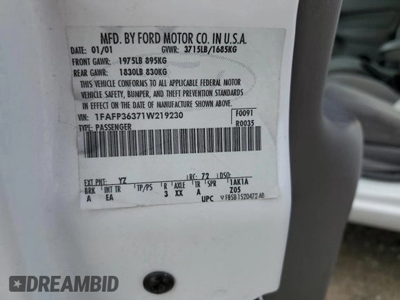 2001 Ford Focus SE with VIN 1FAFP36371W219230, listed as a Copart auction lot 49456315 with 133,872 mi miles and Salvage Title. Bid and sale history available at carsss.com. Image 12.