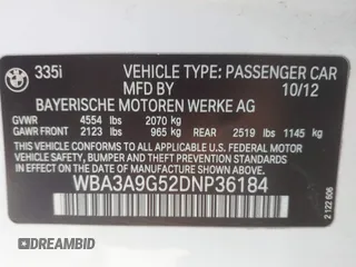 2013 BMW 3 Series 335i with VIN WBA3A9G52DNP36184, listed as a IAAI auction lot 42330629 with 120,377 mi miles and . Bid and sale history available at DreamBid. Image 9.