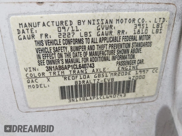2012 Nissan Sentra 2.0 z VIN 3N1AB6AP1CL640743, wystawiony jako IAAI lot #42165025 z przebiegiem 156 311 mil mil oraz . Historia ofert i sprzedaży dostępna na DreamBid. Obrazek 9.
