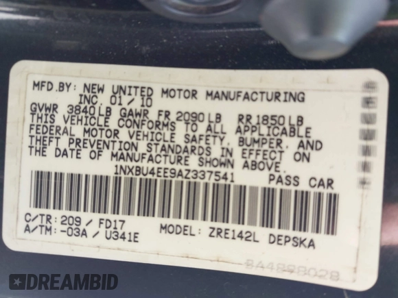 2010 Toyota Corolla with VIN 1NXBU4EE9AZ337541, listed as a IAAI auction lot 42695228 with 193,364 mi miles and . Bid and sale history available at DreamBid. Image 9.