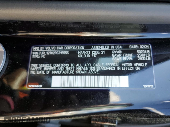 2024 Volvo S60 Plus Black Edition with VIN 7JRL12TH2RG315556, listed as a Copart auction lot 61550335 with 11,061 mi miles and Salvage title. Bid and sale history available at DreamBid. Image 12.