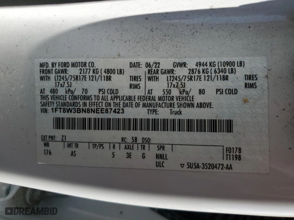 2022 Ford Super Duty F-350 SRW XL with VIN 1FT8W3BN8NEE87423, listed as a Copart auction lot 84142464 with NaN miles and Salvage Title. Bid and sale history available at carsss.com. Image 15.