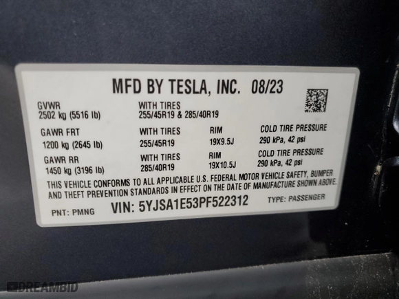 2023 Tesla Model S with VIN 5YJSA1E53PF522312, listed as a Copart auction lot 83359764 with 0 mi miles and Salvage Title. Bid and sale history available at carsss.com. Image 13.