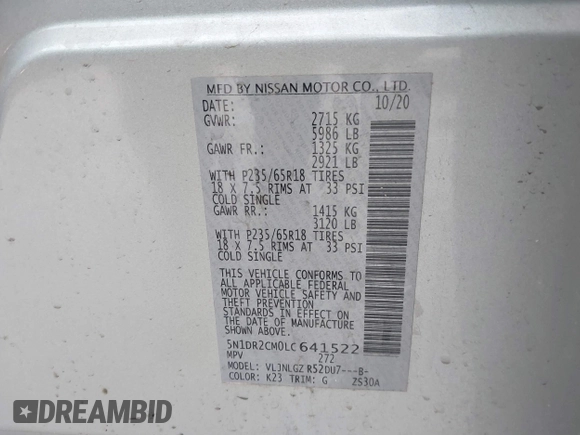 2020 Nissan Pathfinder SL with VIN 5N1DR2CM0LC641522, listed as a IAAI auction lot 42085317 with 82,078 mi miles and . Bid and sale history available at DreamBid. Image 9.