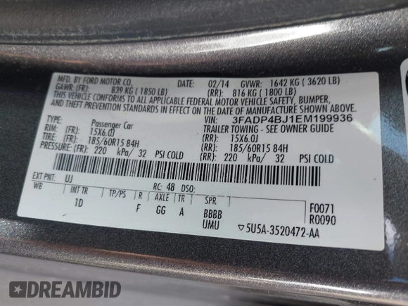 2014 Ford Fiesta SE with VIN 3FADP4BJ1EM199936, listed as a IAAI auction lot 41988670 with 44,846 mi miles and . Bid and sale history available at DreamBid. Image 9.