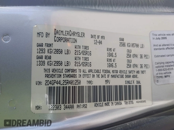2005 Dodge Caravan SXT с VIN 2D4GP44L25R401250, выставлен на аукционе IAAI как лот 42544407 с пробегом 91 835 миль миль и . История ставок и продаж доступна на DreamBid. Изображение 9.