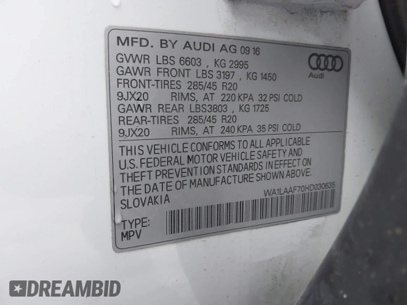 2017 Audi Q7 Premium Plus with VIN WA1LAAF70HD030635, listed as a IAAI auction lot 37987370 with 65,923 mi miles. Bid and sale history available at carsss.com. Image 9.