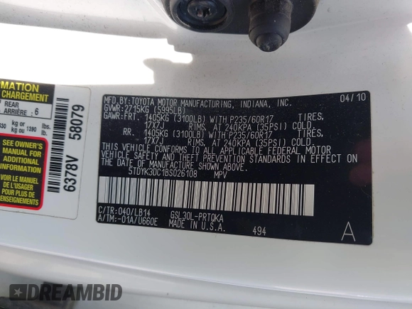2011 Toyota Sienna XLE AAS with VIN 5TDYK3DC1BS026108, listed as a IAAI auction lot 42681177 with 201,873 mi miles and . Bid and sale history available at DreamBid. Image 9.