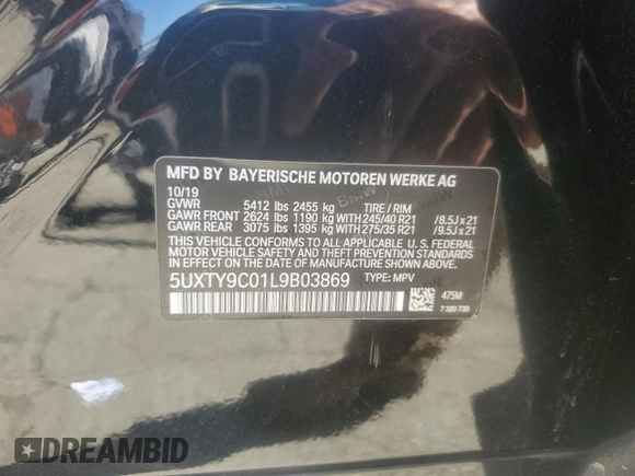 2020 BMW X3 M40i with VIN 5UXTY9C01L9B03869, listed as a Copart auction lot 46637515 with 57,052 mi miles and Salvage Title. Bid and sale history available at DreamBid. Image 14.