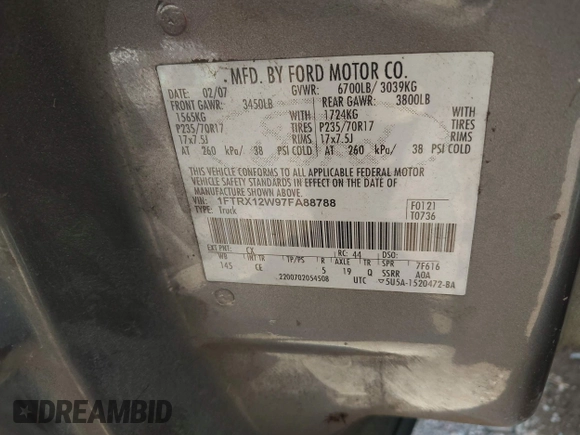 2007 Ford F-150 STX with VIN 1FTRX12W97FA88788, listed as a IAAI auction lot 42723840 with Not provided miles and . Bid and sale history available at DreamBid. Image 9.