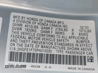 2023 Honda Civic EX с VIN 2HGFE1F70PH310050, выставлен на аукционе IAAI как лот 42100849 с пробегом 6 518 миль миль и . История ставок и продаж доступна на DreamBid. Изображение 9.