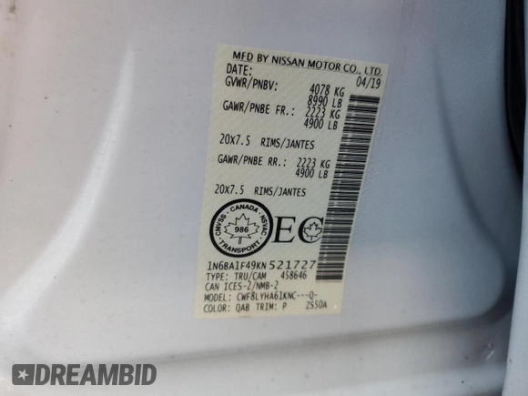 2019 Nissan Titan XD SL with VIN 1N6BA1F49KN521727, listed as a Copart auction lot 83343434 with 0 mi miles and Non Repairable. Bid and sale history available at carsss.com. Image 12.