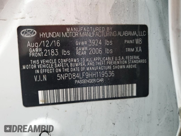 2017 Hyundai Elantra SE with VIN 5NPD84LF9HH119536, listed as a Copart auction lot 84386104 with 91,672 mi miles and Salvage title. Bid and sale history available at DreamBid. Image 12.