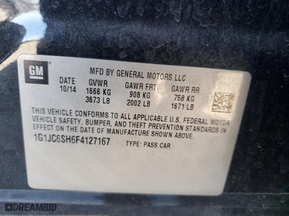 2015 Chevrolet Sonic LT with VIN 1G1JC6SH6F4127167, listed as a Copart auction lot 43568615 with 28,509 mi miles and Salvage Title. Bid and sale history available at carsss.com. Image 12.