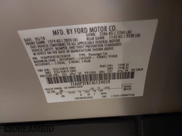 2018 Ford Taurus Limited с VIN 1FAHP2F87JG124059, выставлен на аукционе IAAI как лот 42080931 с пробегом 64 680 миль миль и . История ставок и продаж доступна на DreamBid. Изображение 9.