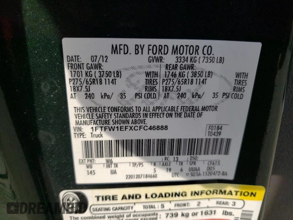 2012 Ford F-150 XL with VIN 1FTFW1EFXCFC46888, listed as a Copart auction lot 49045565 with 125,418 mi miles and Clean Title. Bid and sale history available at carsss.com. Image 12.