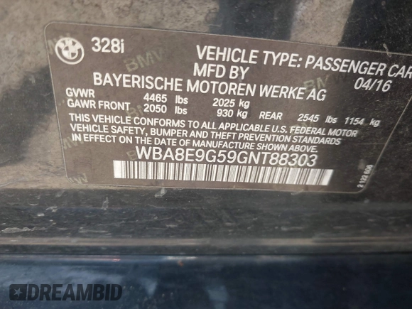 2016 BMW 3 Series 328i with VIN WBA8E9G59GNT88303, listed as a IAAI auction lot 42059679 with 118,626 mi miles and . Bid and sale history available at DreamBid. Image 9.