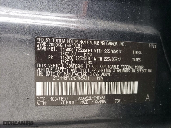 2021 Toyota RAV4 LE with VIN 2T3H1RFV2MC165431, listed as a Copart auction lot 50843815 with 101,979 mi miles and Salvage Title. Bid and sale history available at carsss.com. Image 15.