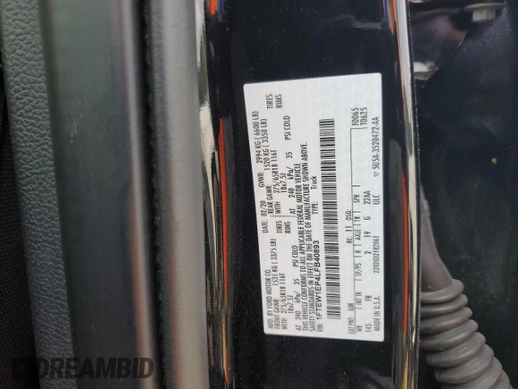 2020 Ford F-150 XL with VIN 1FTEW1EP4LFB40893, listed as a Copart auction lot 59937065 with 83,540 mi miles and Salvage title. Bid and sale history available at DreamBid. Image 12.