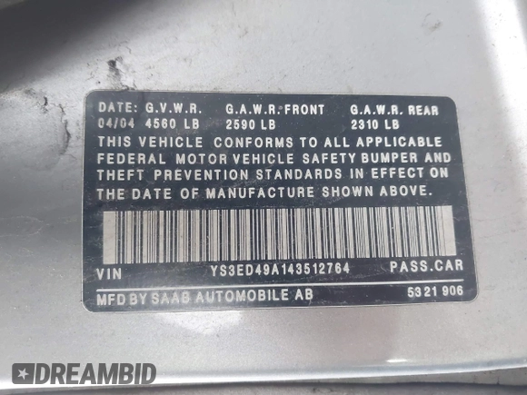 2004 Saab 9-5 Arc with VIN YS3ED49A143512764, listed as a IAAI auction lot 41866789 with 114,796 mi miles. Bid and sale history available at carsss.com. Image 9.
