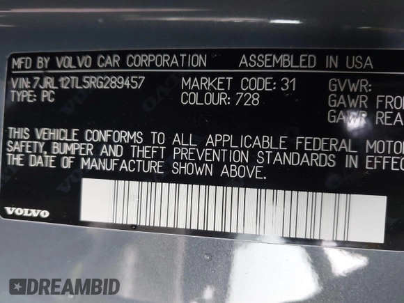 2024 Volvo S60 Plus Dark Theme with VIN 7JRL12TL5RG289457, listed as a IAAI auction lot 41657372 with 1,640 mi miles and . Bid and sale history available at DreamBid. Image 9.