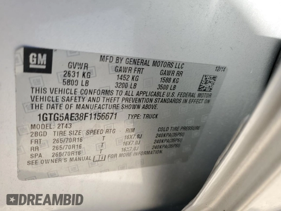 2015 GMC Canyon 2WD with VIN 1GTG5AE38F1156671, listed as a Copart auction lot 85194924 with 123,597 mi miles and Salvage Title. Bid and sale history available at DreamBid. Image 15.
