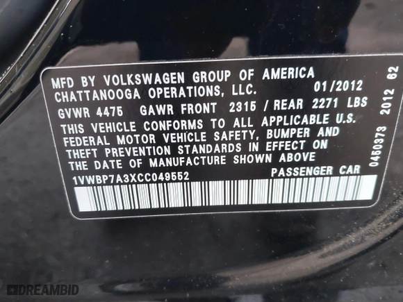 2012 Volkswagen Passat SE with VIN 1VWBP7A3XCC049552, listed as a IAAI auction lot 41627827 with 196,428 mi miles. Bid and sale history available at carsss.com. Image 9.