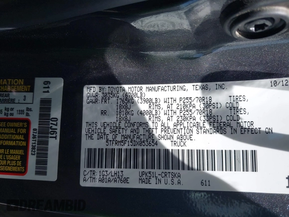 2013 Toyota Tundra z VIN 5TFRM5F15DX053654, wystawiony jako IAAI lot #42324593 z przebiegiem 128 206 mil mil oraz . Historia ofert i sprzedaży dostępna na DreamBid. Obrazek 9.