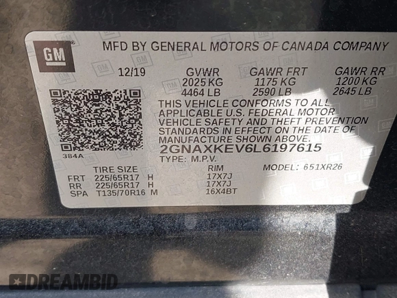 2020 Chevrolet Equinox LT with VIN 2GNAXKEV6L6197615, listed as a IAAI auction lot 42033417 with 100,449 mi miles and . Bid and sale history available at carsss.com. Image 9.