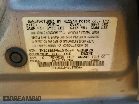 2006 Nissan Sentra S z VIN 3N1CB51D46L595164, wystawiony jako Copart lot #57294625 z przebiegiem 136 564 mil mil oraz Szkoda całkowita • Salvage title. Historia ofert i sprzedaży dostępna na DreamBid. Obrazek 12.